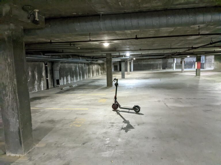 E-scooter micromobility device in underground parking garage